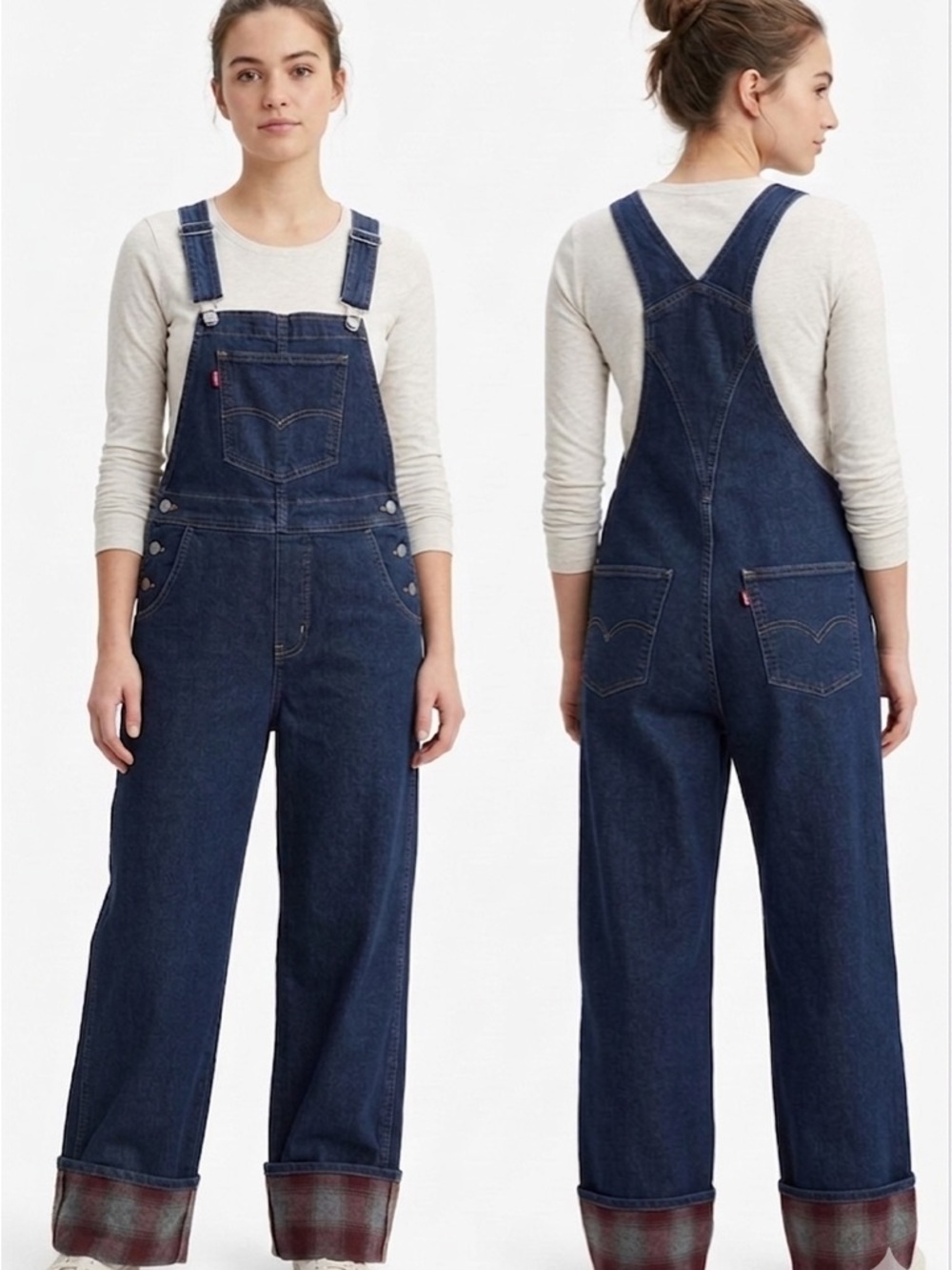 Levi’s Premium XL Overalls Flannel Lined Wide Leg Plaid Cuff Denim Dark Wash M